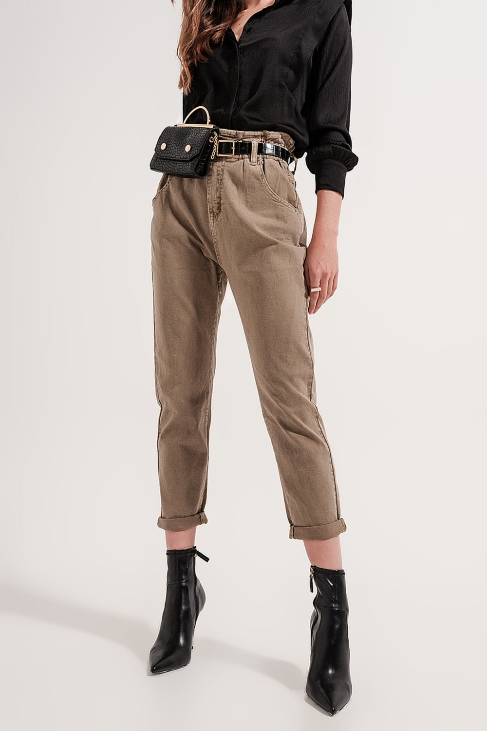 Elasticated paper bag waist jean in beige | Just Cool Beans — jeans | the denim shop