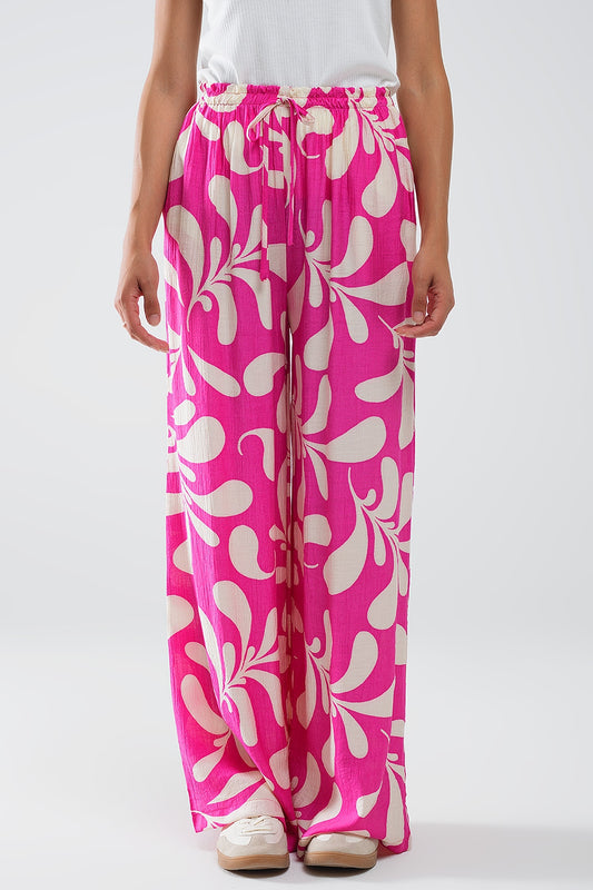 Elasticated waist straight leg pants in fuchsia floral print | Just Cool Beans — pants | bottoms