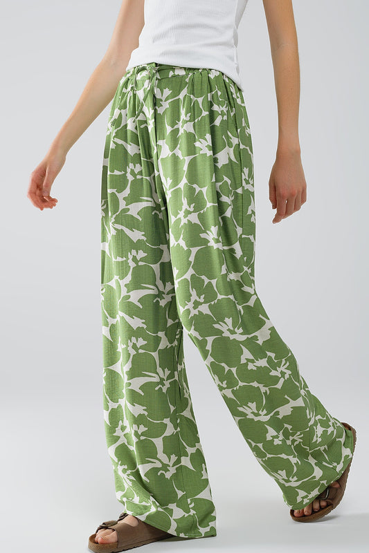 Elasticated waist wide leg pants with green floral print | Just Cool Beans — pants | bottoms