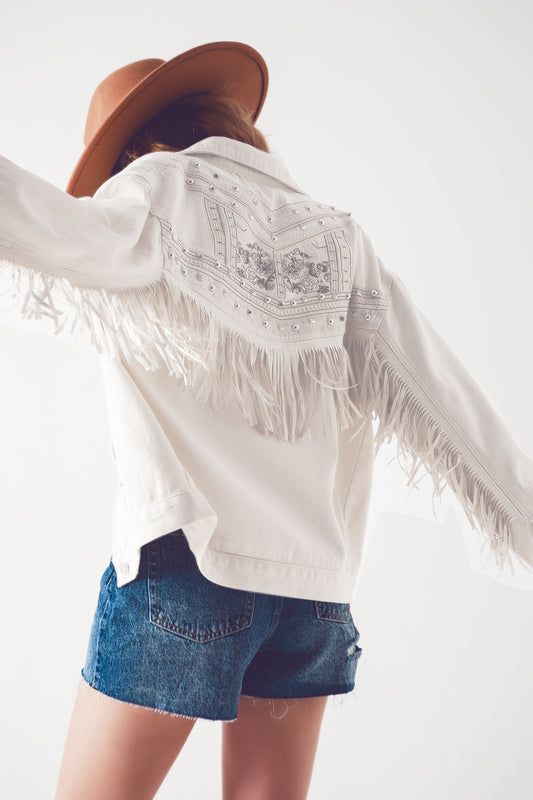 Embellished fringe denim jacket in white | Just Cool Beans — coats and jackets | jackets