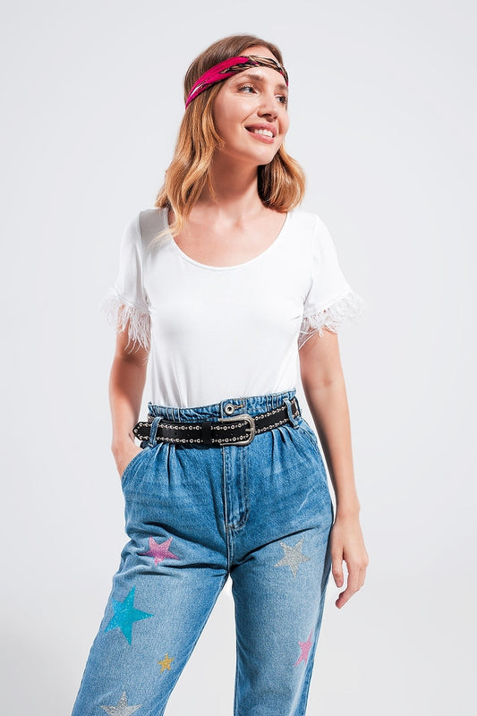 Embellished top with faux feather cuffs in white | Just Cool Beans — tops