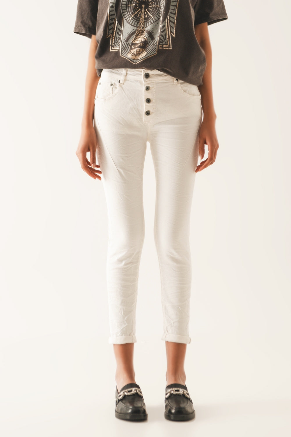 Exposed buttons skinny jeans in cream | Just Cool Beans — jeans | the denim shop