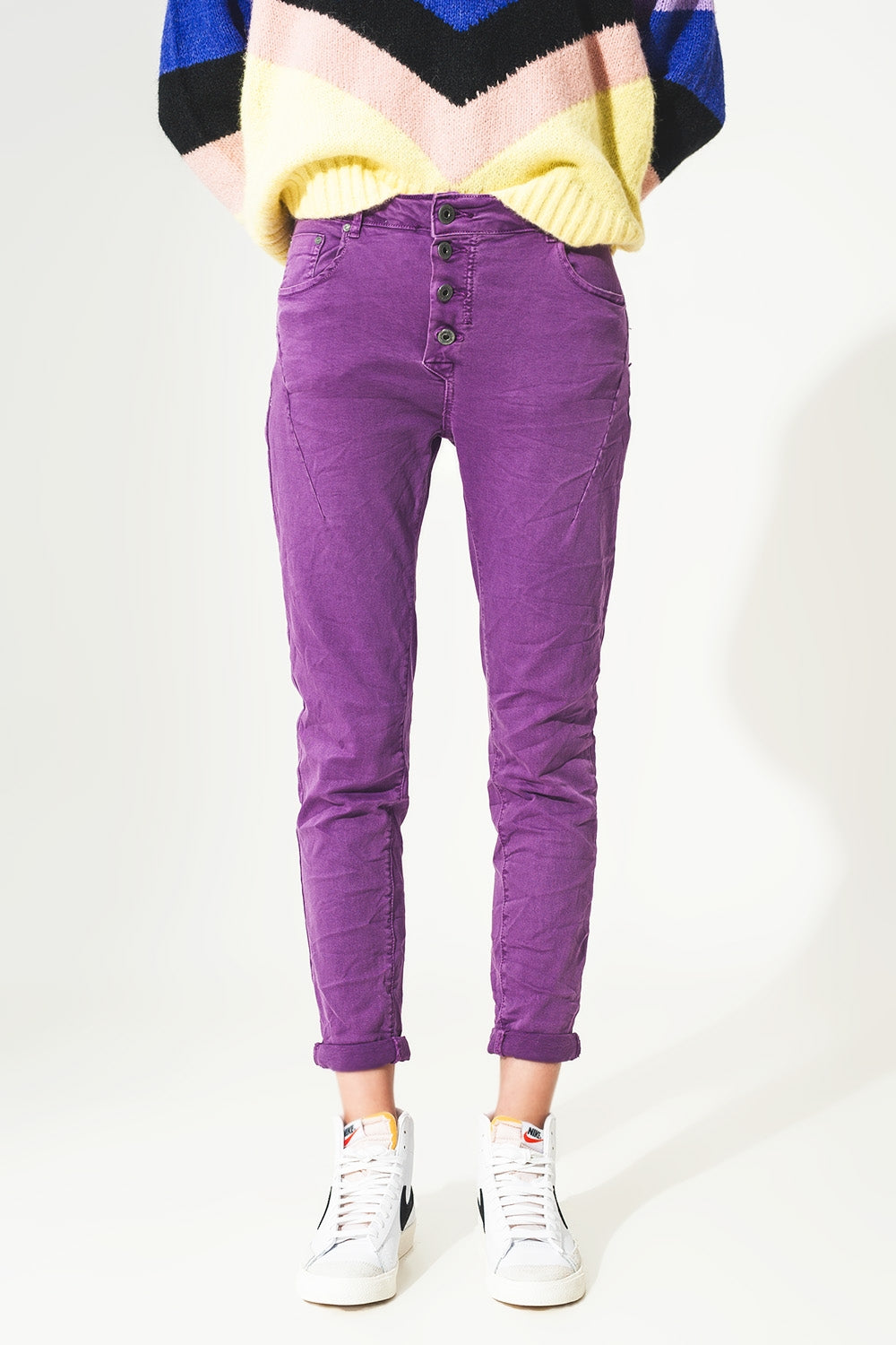 Exposed buttons skinny jeans in purple | Just Cool Beans — jeans | the denim shop