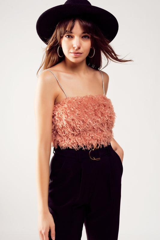 Faux feather crop cami in pink | Just Cool Beans — tops