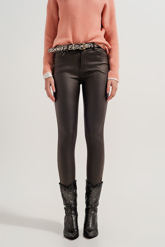 Faux leather high waisted split zip hem pants in khaki | Just Cool Beans — pants | bottoms