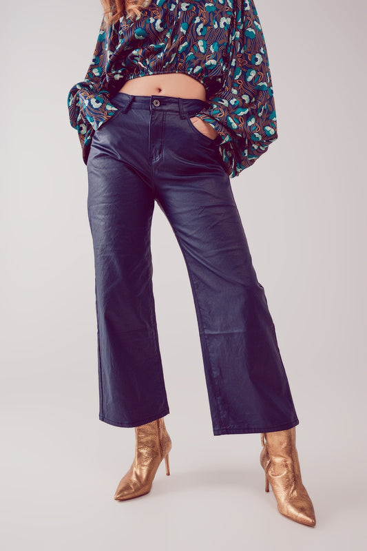 Faux leather wide leg pants in blue | Just Cool Beans — pants | bottoms