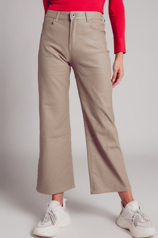 Faux leather wide leg trouser in beige | Just Cool Beans — pants | bottoms