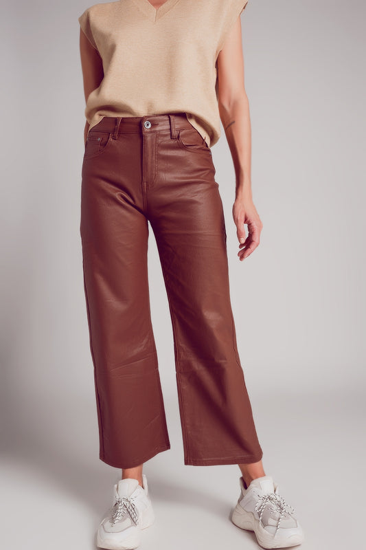 Faux leather wide leg trouser in brown | Just Cool Beans — pants | bottoms