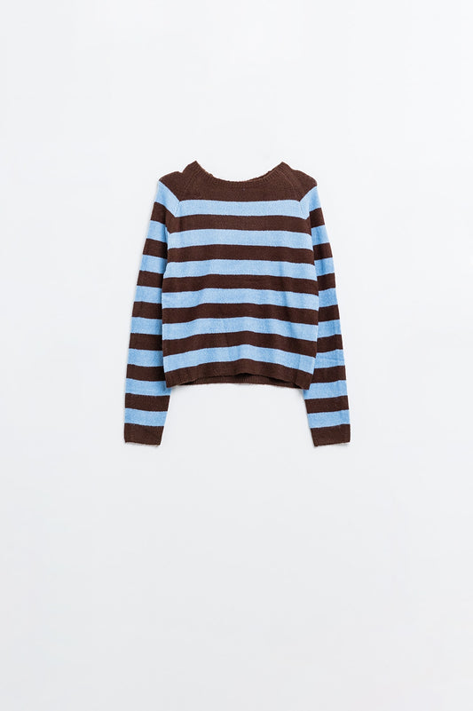 Fine knit sweater in brown with blue stripes | Just Cool Beans — sweaters | tops