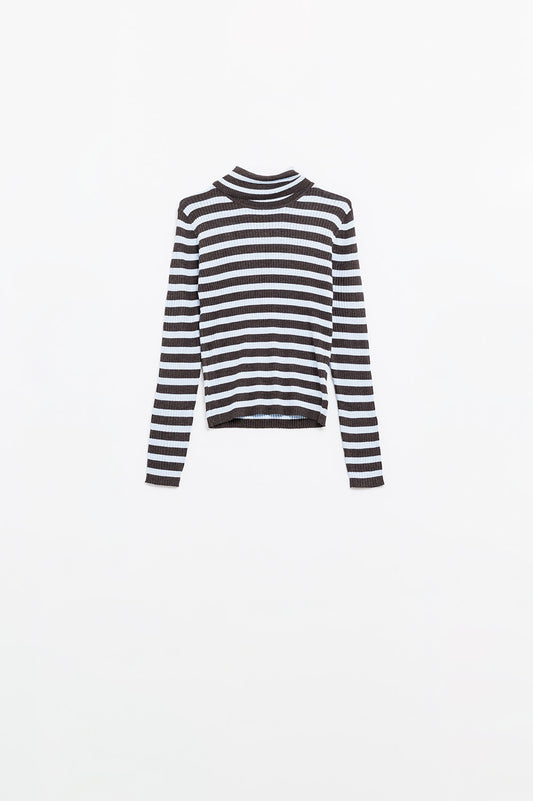 Fine knit wool sweater with blue and brown stripes | Just Cool Beans — sweaters | tops