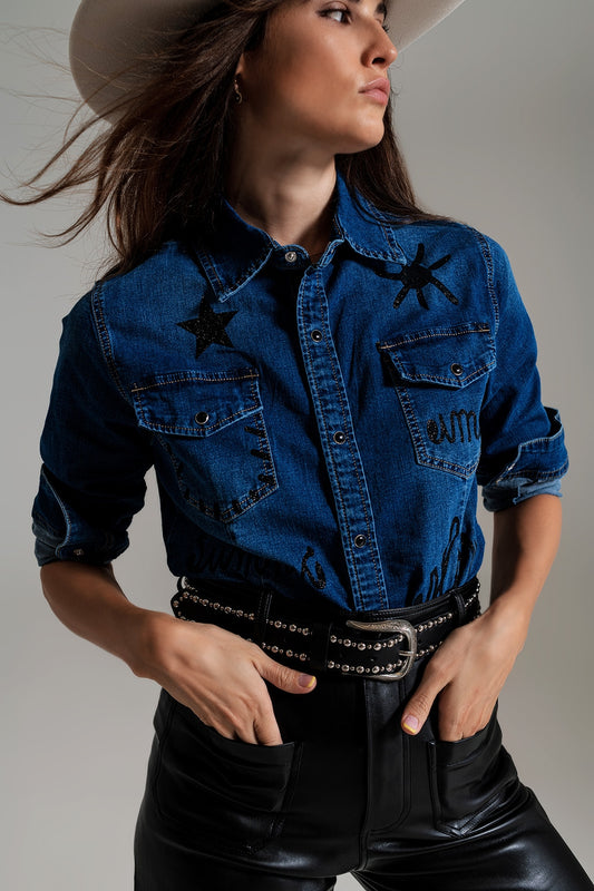 Fitted denim shirt with black graphic details with strass | Just Cool Beans — shirts | the denim shop