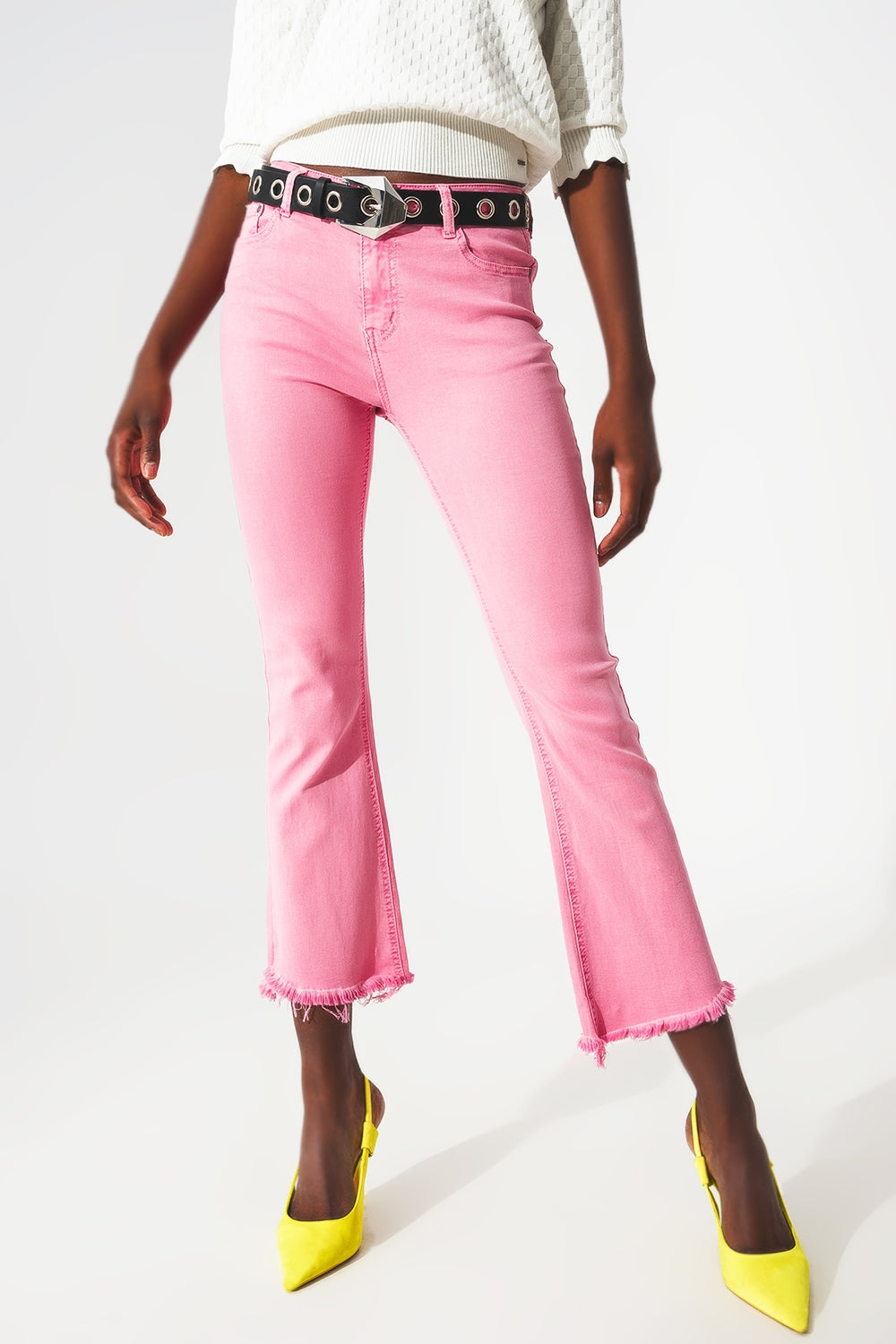 Flare jeans with raw hem edge in bubblegum pink | Just Cool Beans — jeans | the denim shop