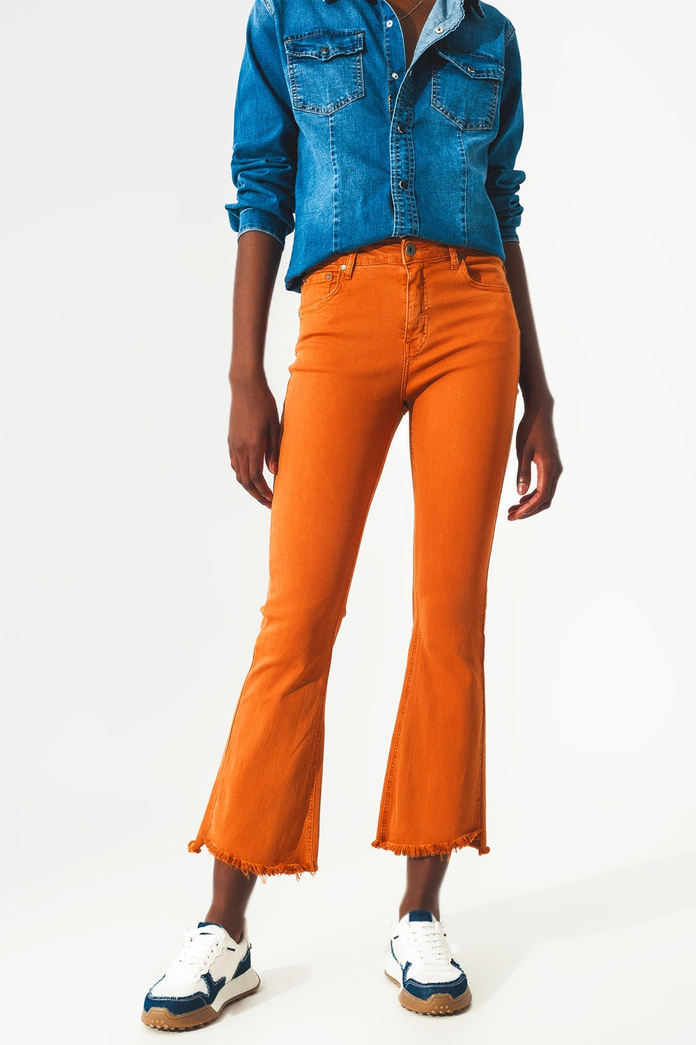 Flare jeans with raw hem edge in orange | Just Cool Beans — jeans | the denim shop