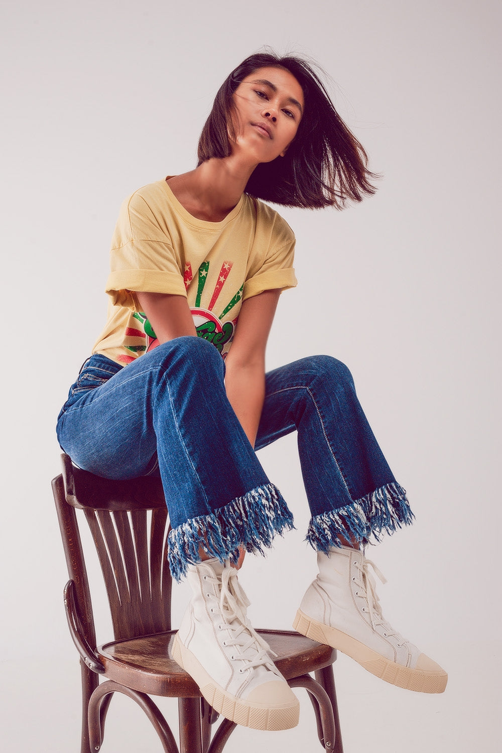 Flare straight leg jeans with raw hem edge in deep blue | Just Cool Beans — jeans | the denim shop