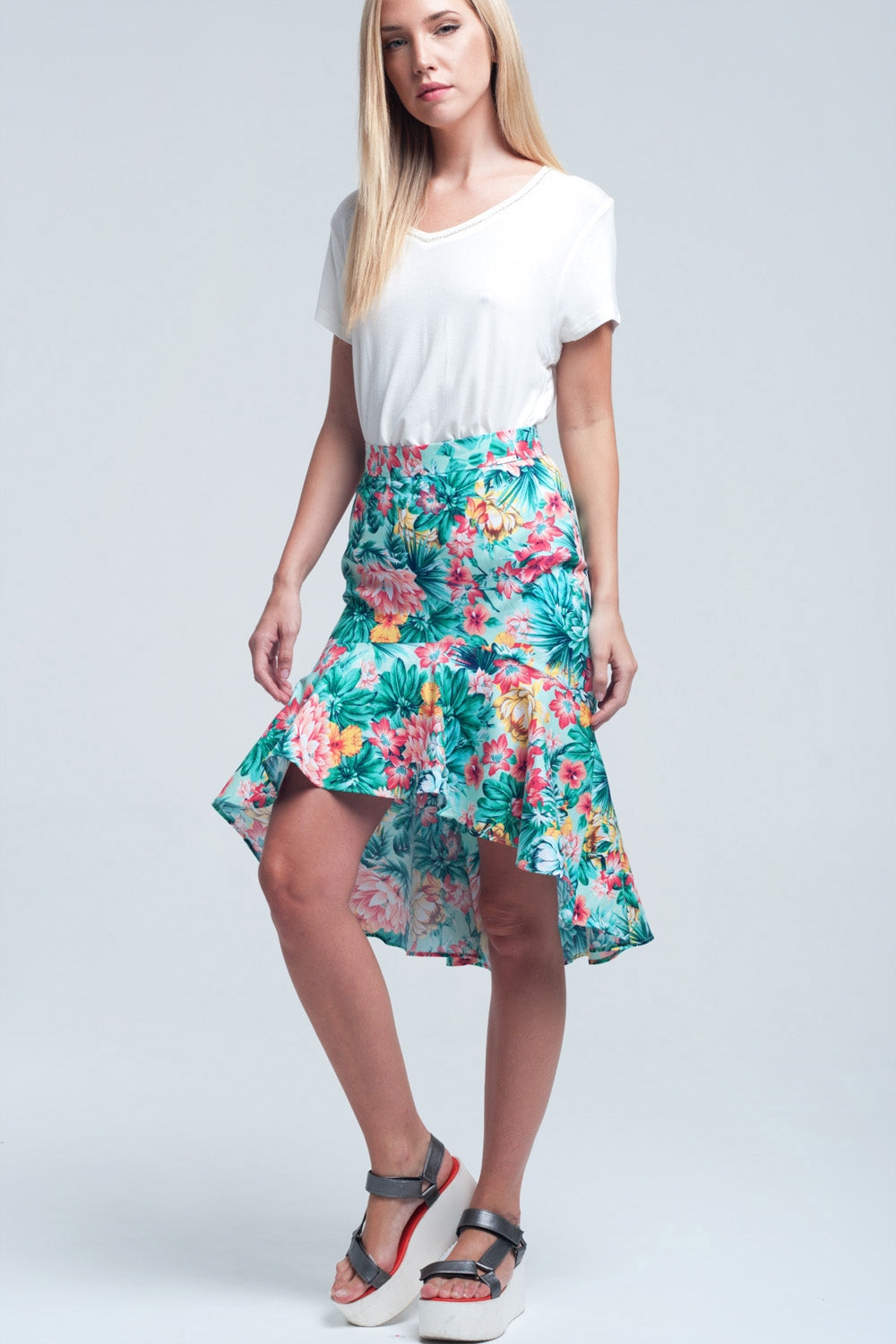 Floral asymmetrical green skirt | Just Cool Beans — skirts