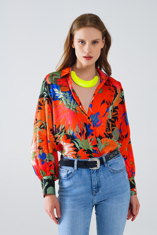 Floral balloon sleeves chiffon shirt in black | Just Cool Beans — shirts | nan
