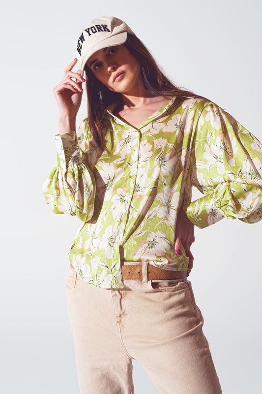 Floral print chiffon shirt in green | Just Cool Beans — shirts | nan