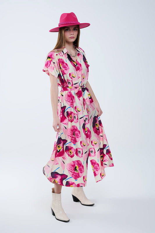Floral printed buttoned shirt dress in fuchsia | Just Cool Beans — dresses
