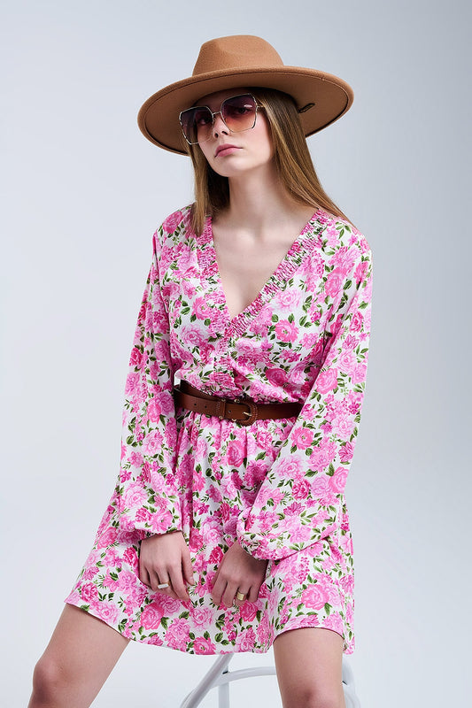 Floral v-neck dress with pink blooms and green accents | Just Cool Beans — dresses