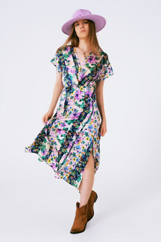 Flower print front knot maxi dress in purple and green multicolour | Just Cool Beans — dresses