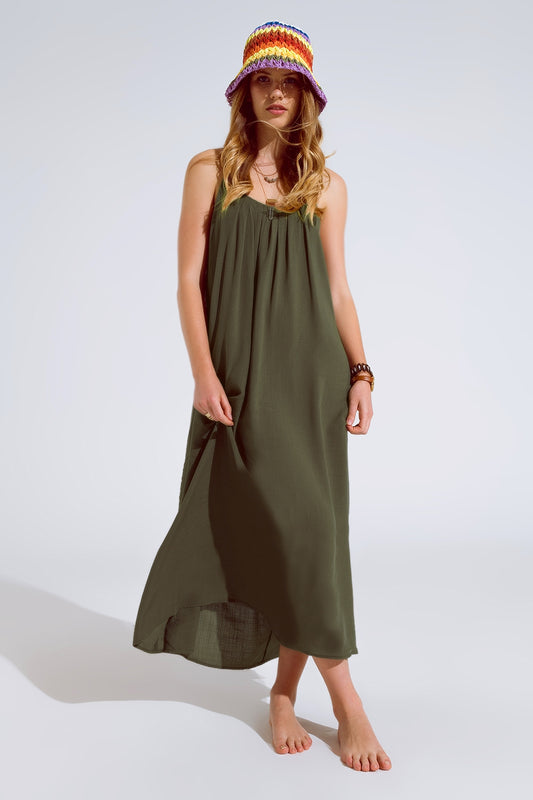 Flowy khaki maxi dress with spaghetti straps and beaded details | Just Cool Beans — dresses