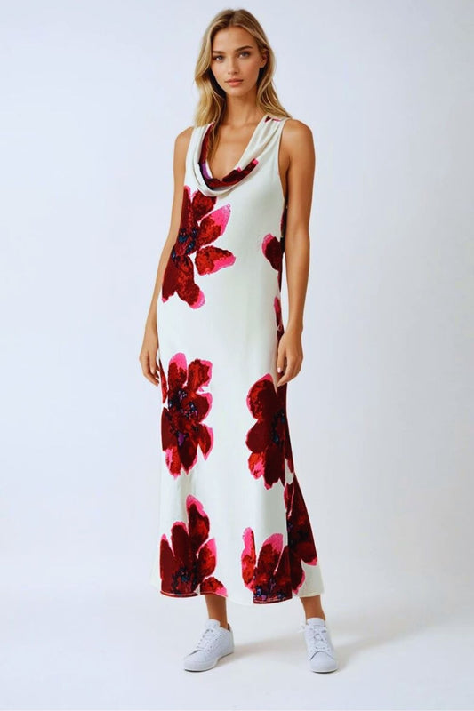 Flowy sleeveless red maxi dress with floral print | Just Cool Beans — dresses