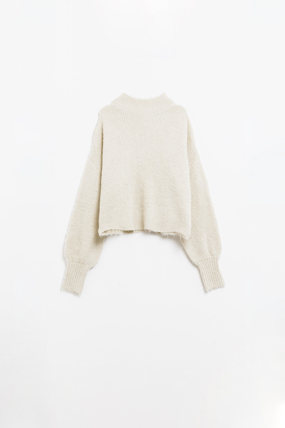 Fluffy beige sweater with high neck and balloon sleeves | Just Cool Beans — sweaters | tops