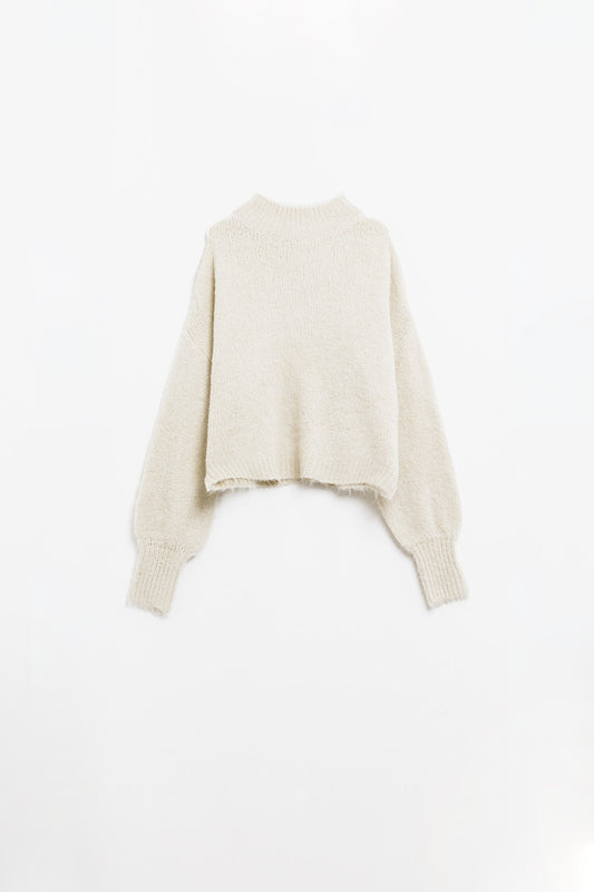 Fluffy beige sweater with high neck and balloon sleeves | Just Cool Beans — sweaters | tops