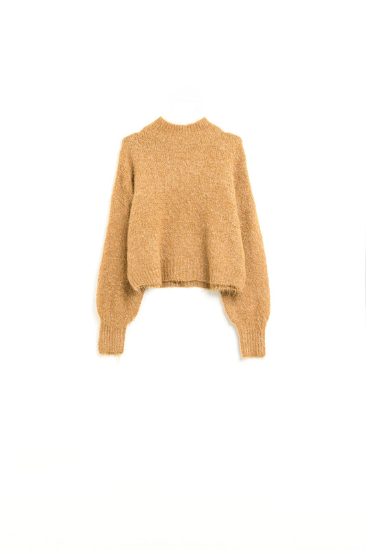 Fluffy camel sweater with high neck and balloon sleeves | Just Cool Beans — sweaters | tops