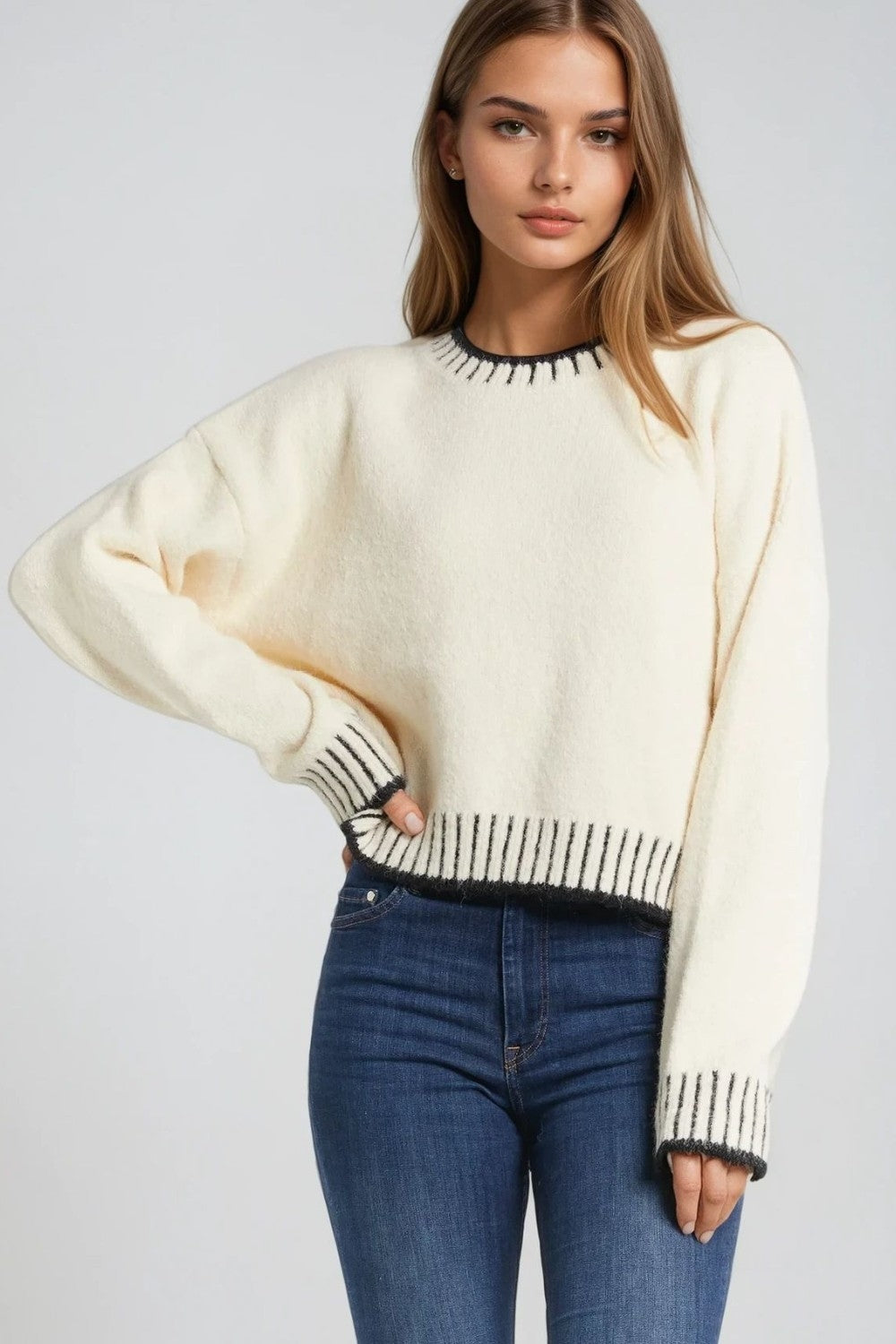 Fluffy cream sweater with ribbed detail at neck and hem | Just Cool Beans — sweaters | tops