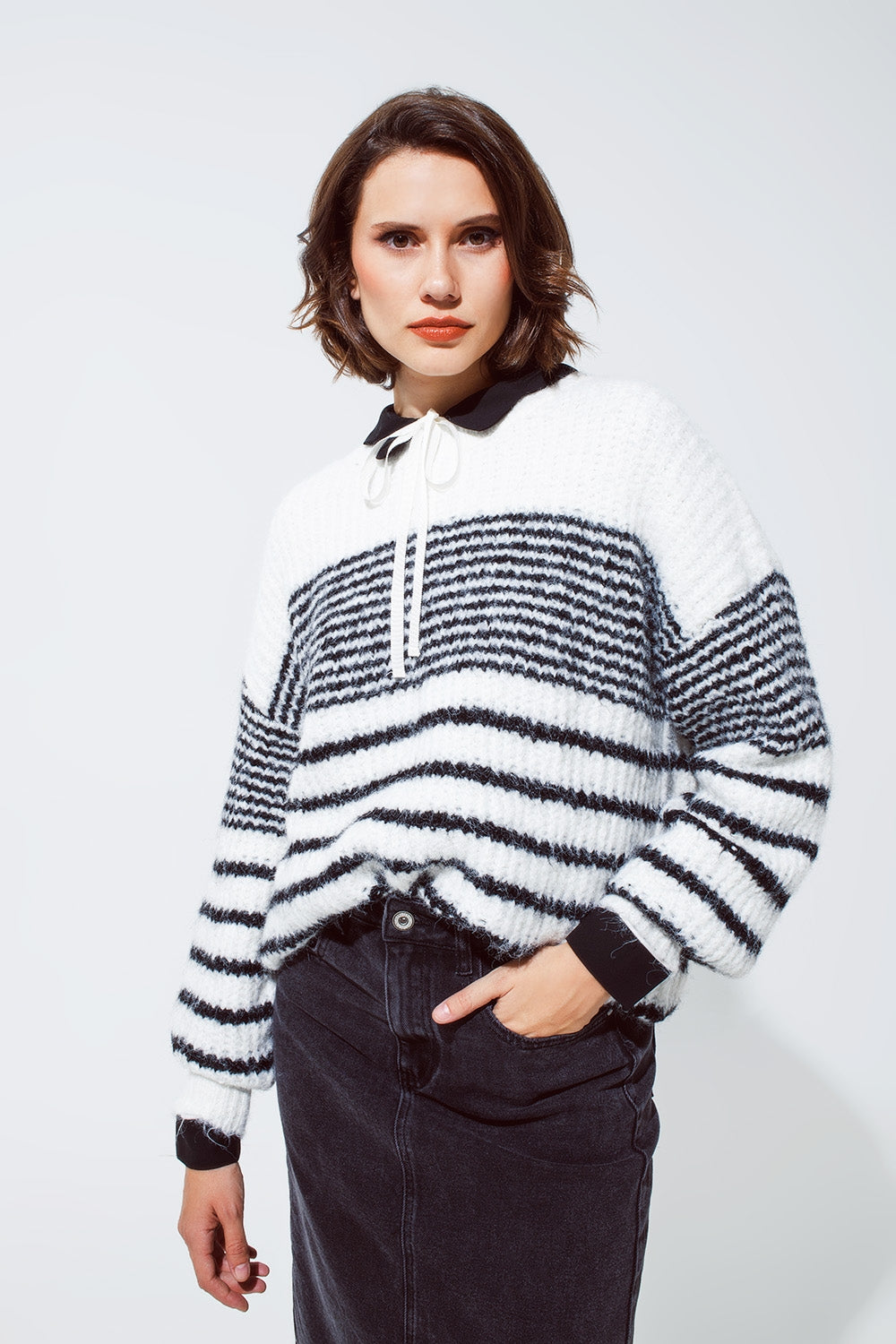 Fluffy  crew neck sweater with thin black stripes in white | Just Cool Beans — sweaters | tops