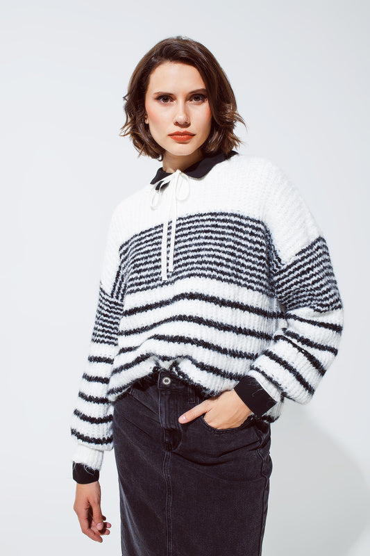 Fluffy  crew neck sweater with thin black stripes in white | Just Cool Beans — sweaters | tops