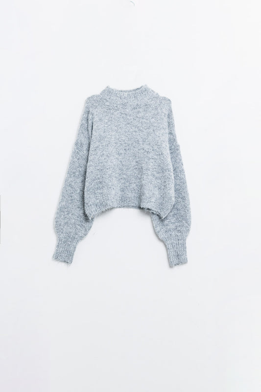 Fluffy grey sweater with high neck and balloon sleeves | Just Cool Beans — sweaters | tops