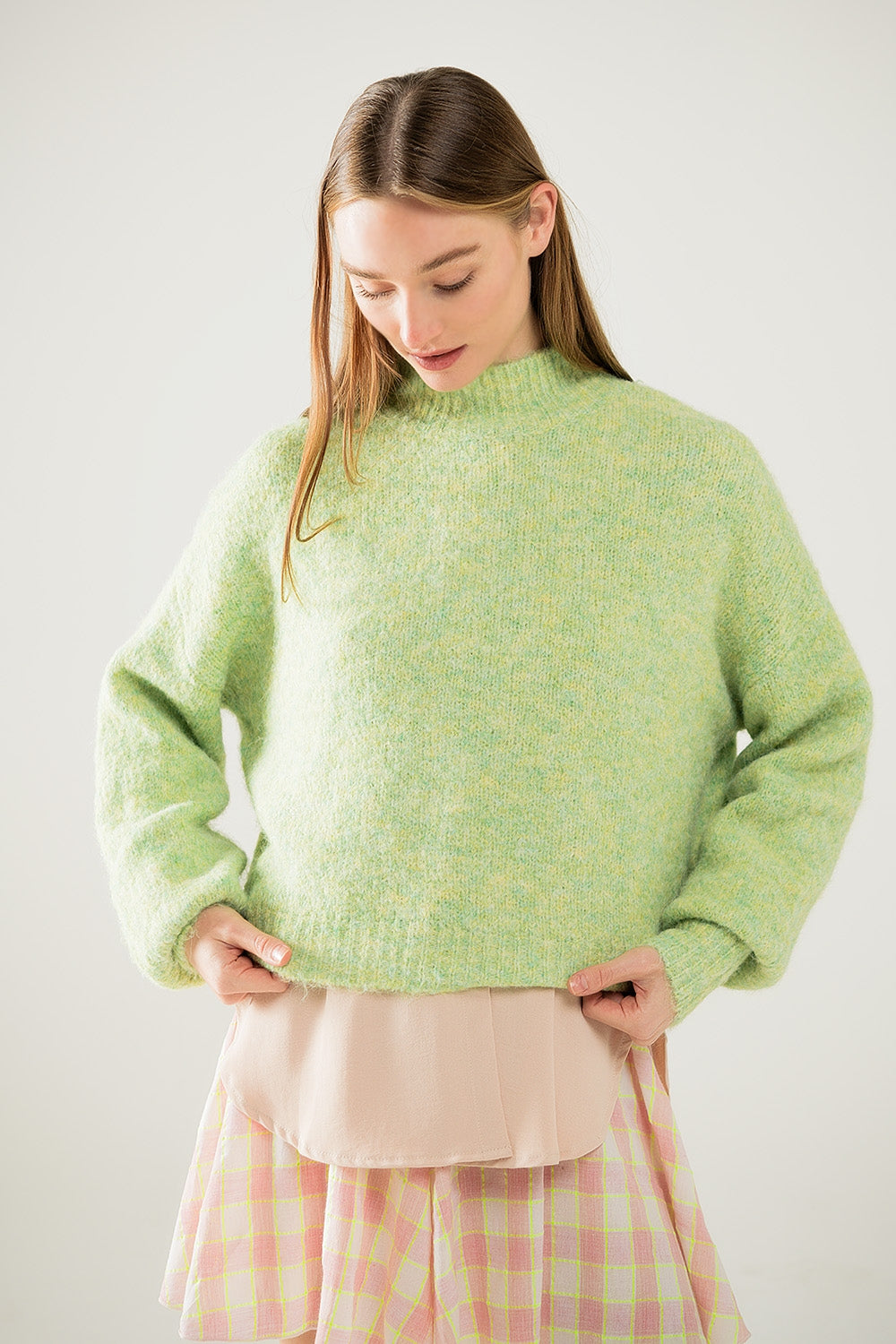 Fluffy light green sweater with high neck and balloon sleeves | Just Cool Beans — sweaters | tops