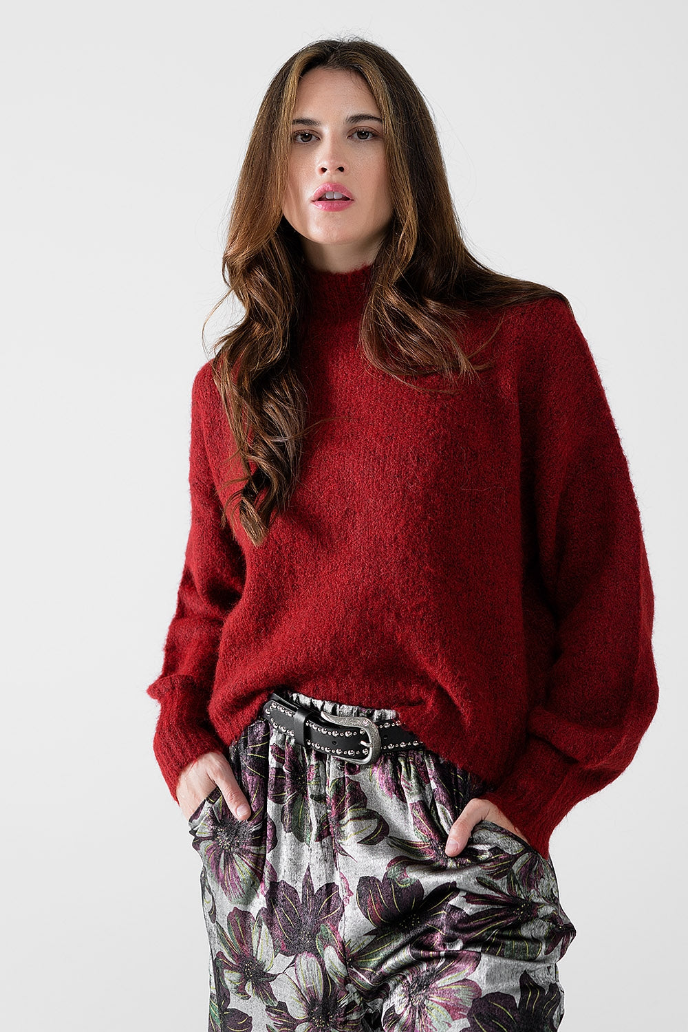 Fluffy red sweater with high neck and balloon sleeves | Just Cool Beans — sweaters | tops