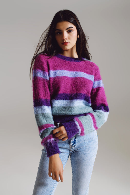 Fluffy stripy sweater in shades of purple blue and white | Just Cool Beans — sweaters | tops