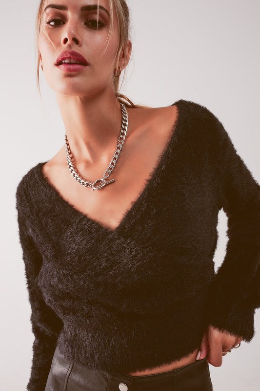 Fluffy v neck knit jumper in black | Just Cool Beans — sweaters | tops