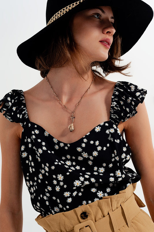 Frill strap cami top in black ditsy floral print | Just Cool Beans — tops