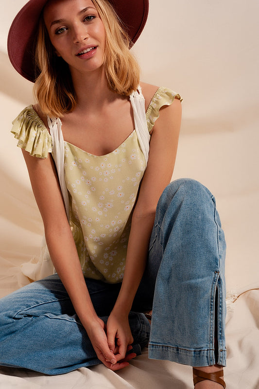 Frill strap cami top in green ditsy floral print | Just Cool Beans — tops