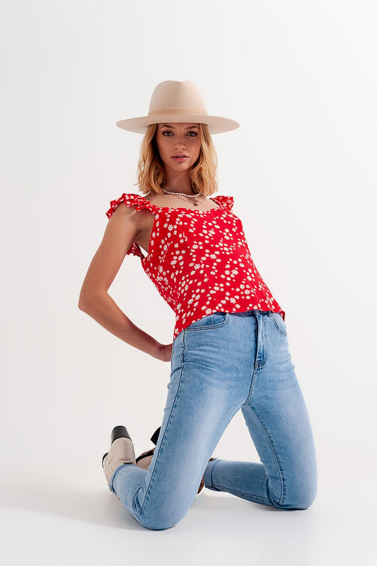 Frill strap cami top in red ditsy floral print | Just Cool Beans — tops