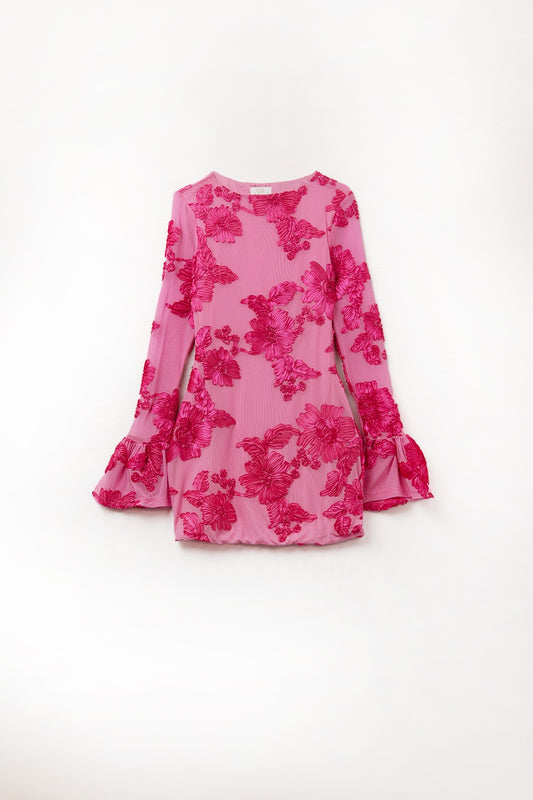 Fuchsia chiffon mini dress with floral brocade | Just Cool Beans — dresses