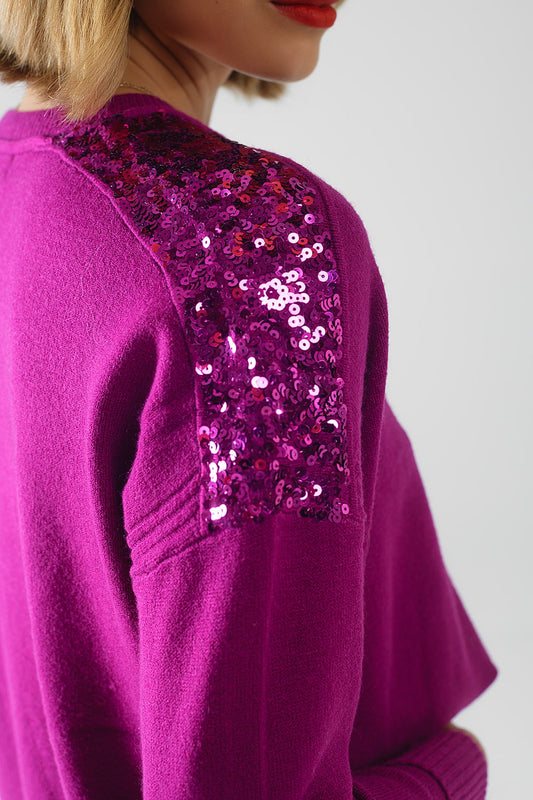 Fuchsia long sleeves sweater with sequins on the shoulders | Just Cool Beans — sweaters | tops