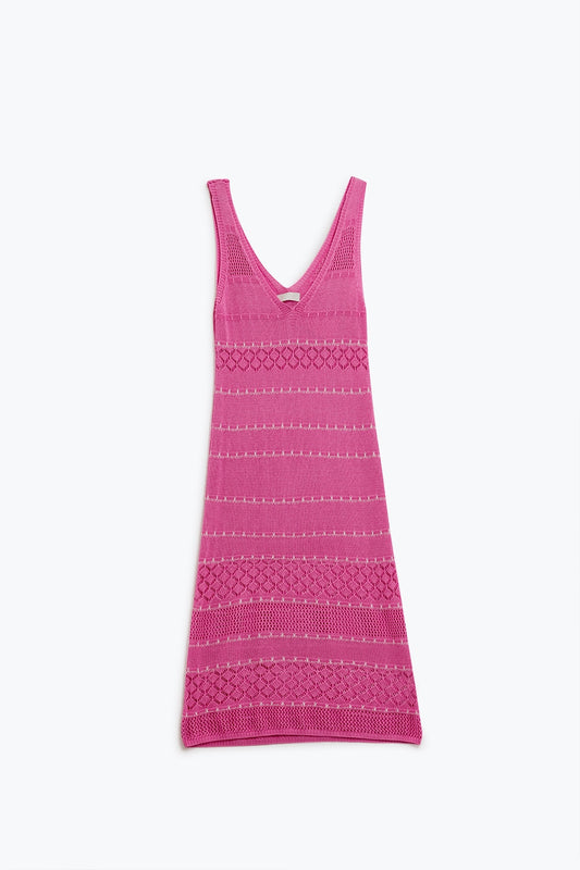 Fuchsia midi sleeveless dress with v-neck and crochet design | Just Cool Beans — dresses