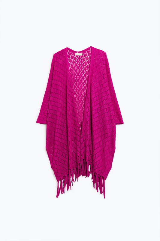 Fuchsia open cardigan with fringe ends and 3/4 sleeves | Just Cool Beans — sweaters | tops