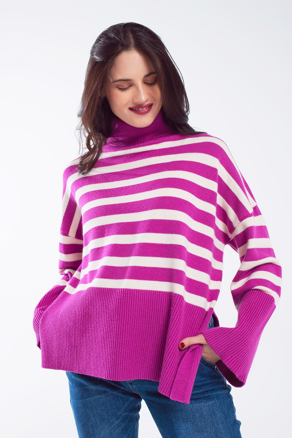 Fuchsia oversized trutleneck sweater with white stripes and splits on the side | Just Cool Beans — sweaters | tops
