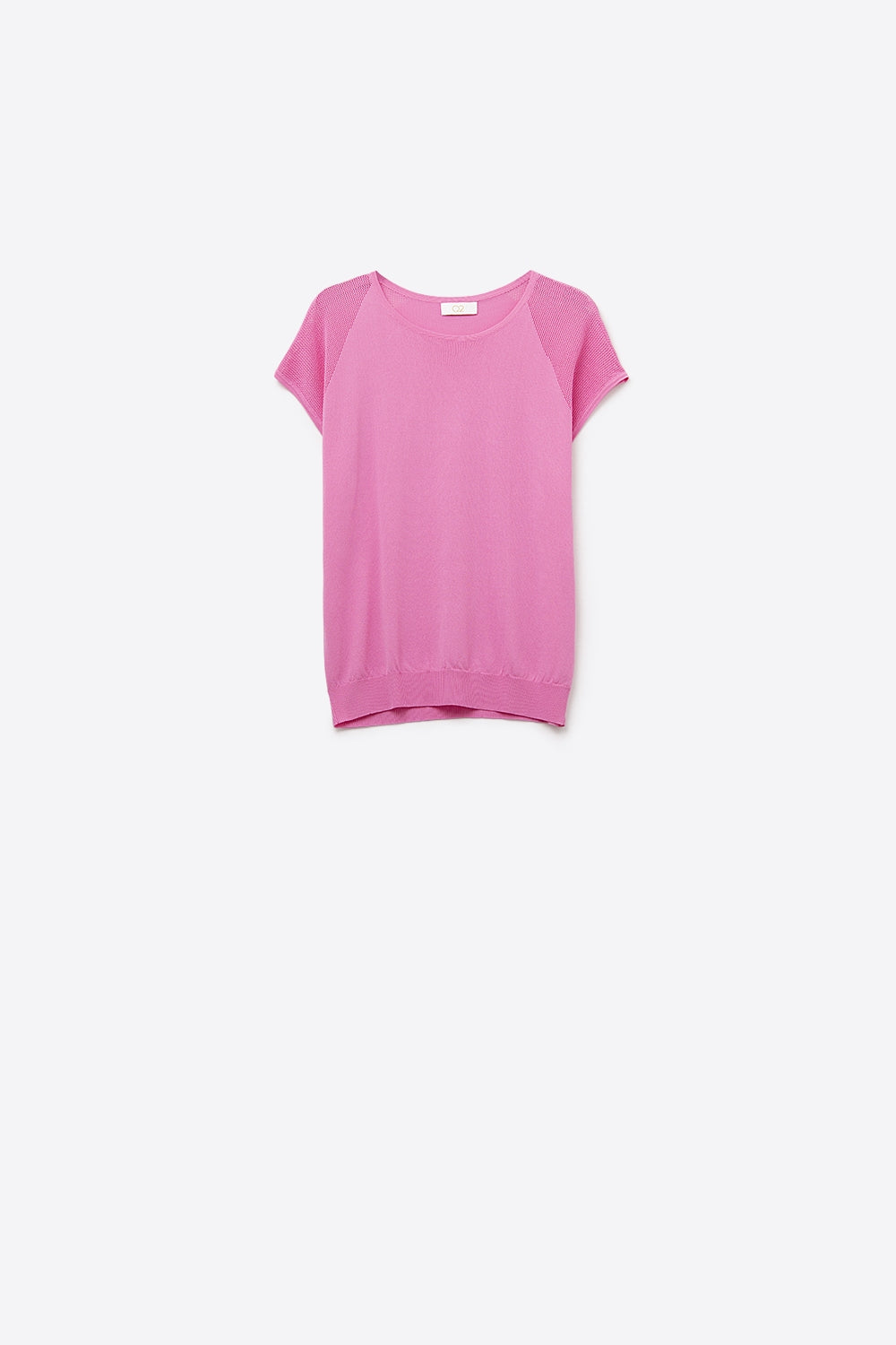 Fuchsia Short Sleeve Sweater with Knitted Mesh on the Shoulder