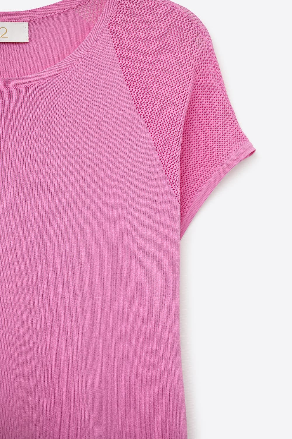 Fuchsia Short Sleeve Sweater with Knitted Mesh on the Shoulder