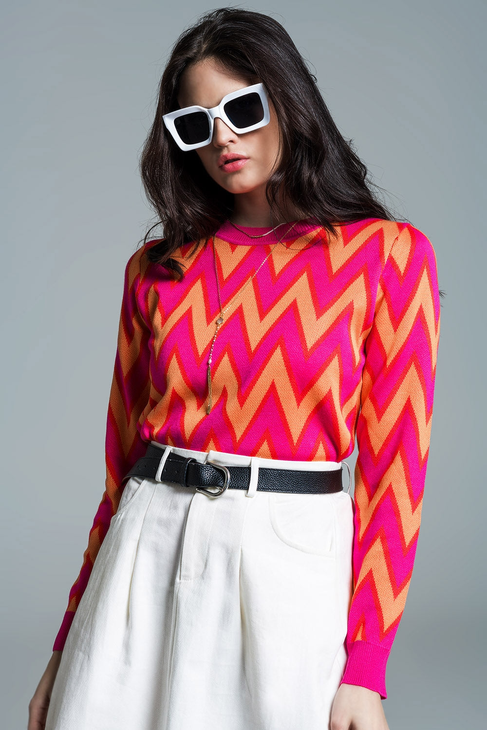 Fuchsia  sweater with  zig zag print with orange details | Just Cool Beans — sweaters | tops