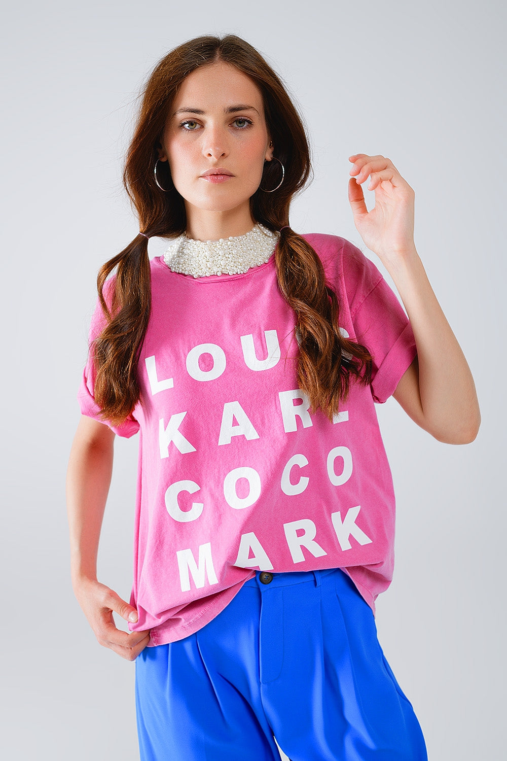 Fuchsia t-shirt with famous names logos at the front | Just Cool Beans — tops