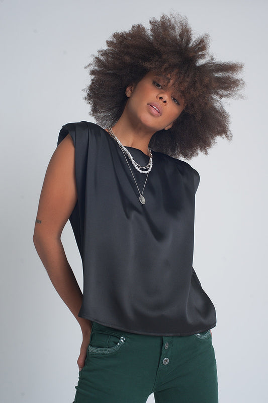 Gathered satin shoulder pad sleeveless top in black | Just Cool Beans — tops